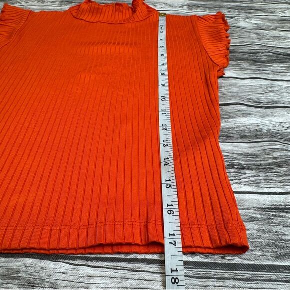 ZARA Women's Bright Orange Ribbed T Tee Shirt S SM Small Lettuce Edge Mock Neck - Picture 9 of 11